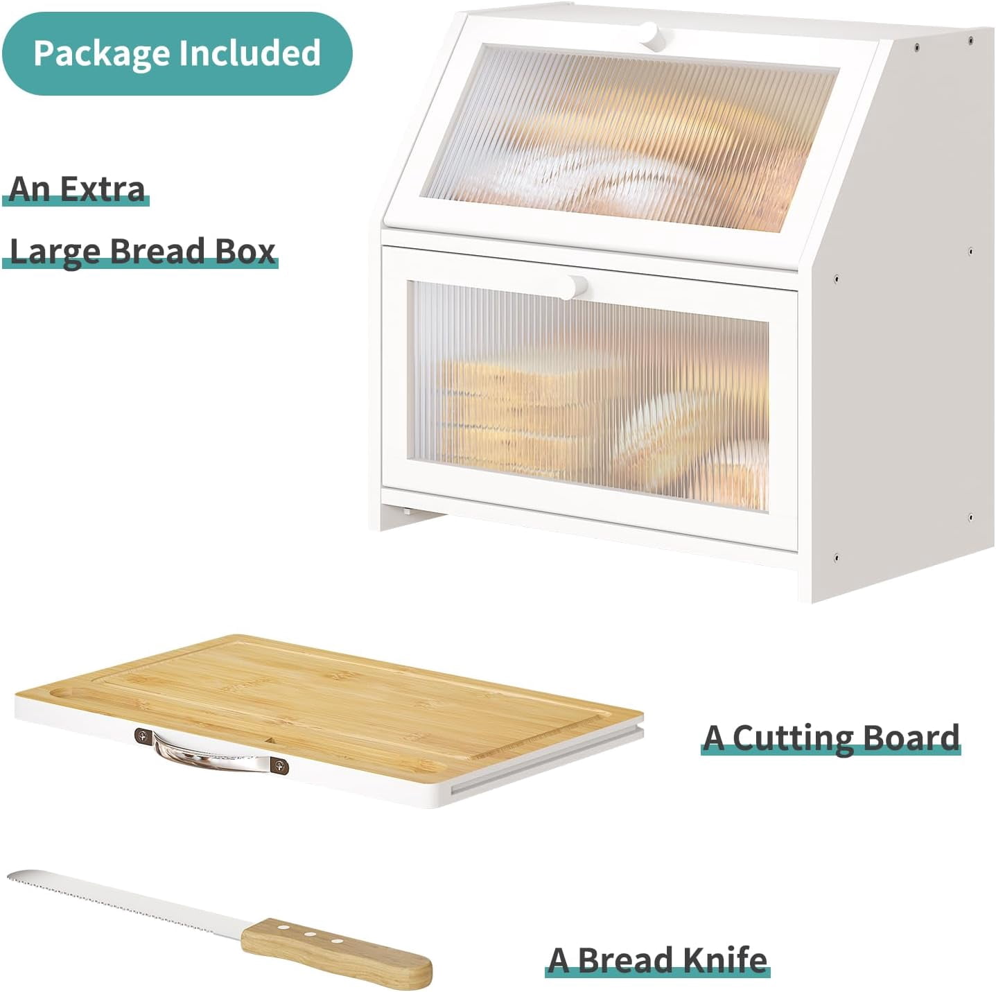 Extra Large Bread Box with Cutting Board Bamboo Wood Bread Box for Kitchen Counter, Double Layer Large Capacity Bread Storage Bin with Acrylic Wavy Door Panel