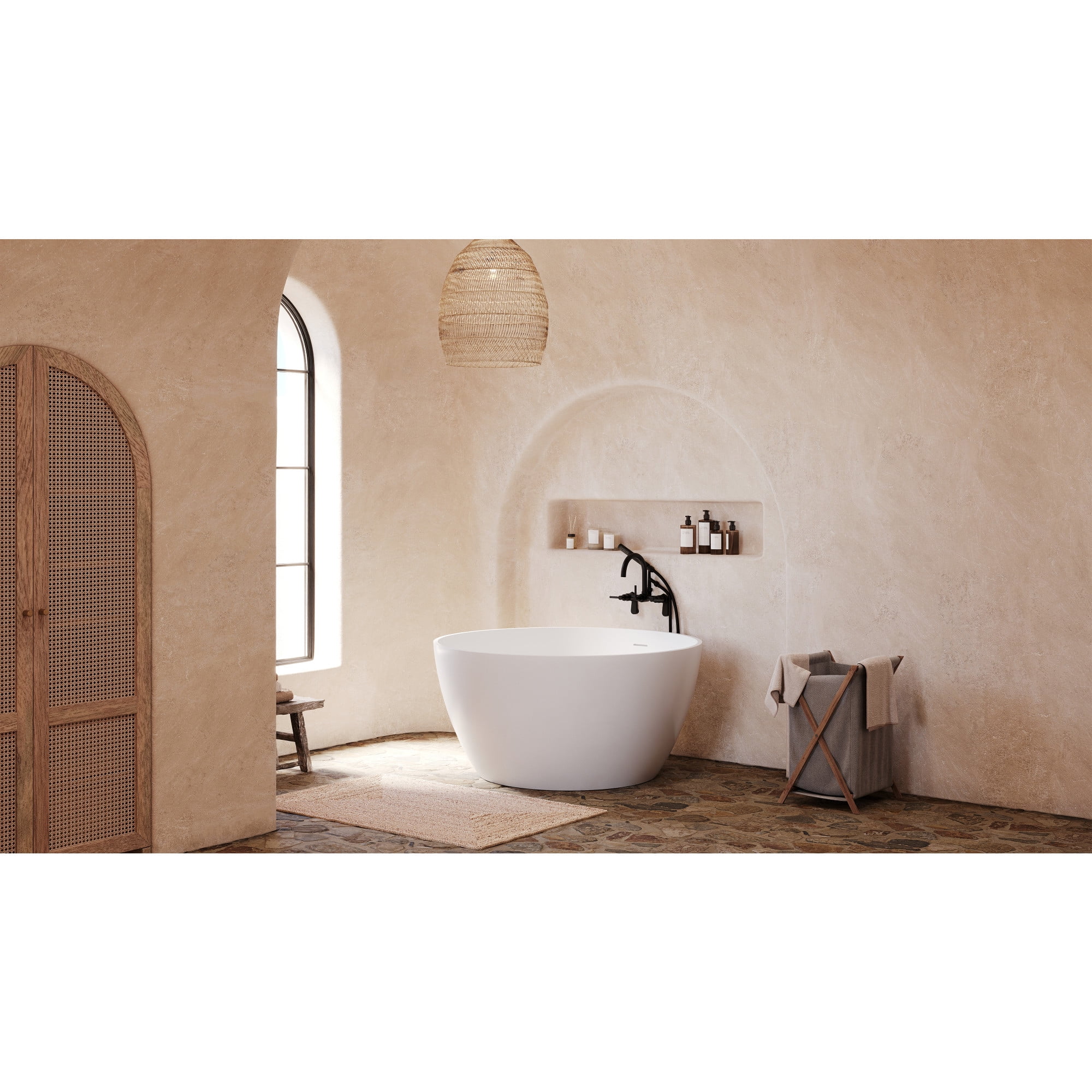 Kingston Brass KRTRO4545150DL 45-Inch Solid Surface Round Double Ended Freestanding Tub with Faucet Combo and Drain in Matte Black