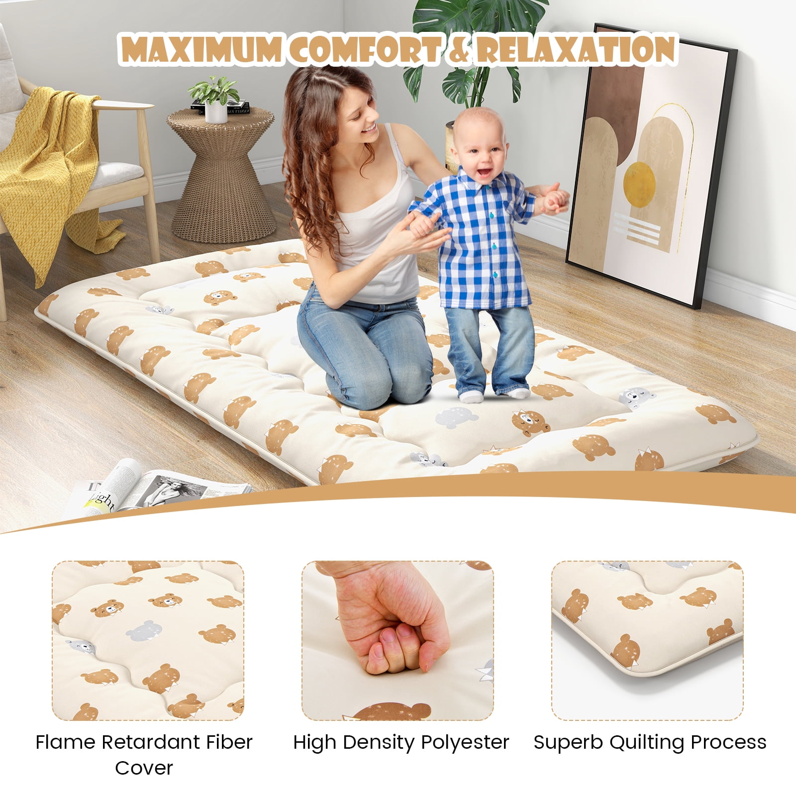 Costway Twin Futon Mattress Japanese Floor Pad Washable Cover Carry Bag Brown Bear