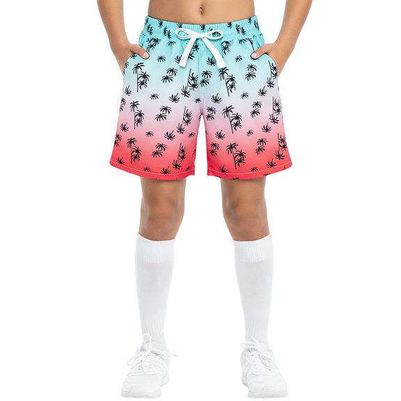 Boys Swim Trunks Quick Dry with Drawstring Blue Palm Tree Print Elastic Waist Shorts for Swimming Beach Sizes 6-14,Size 13-14T
