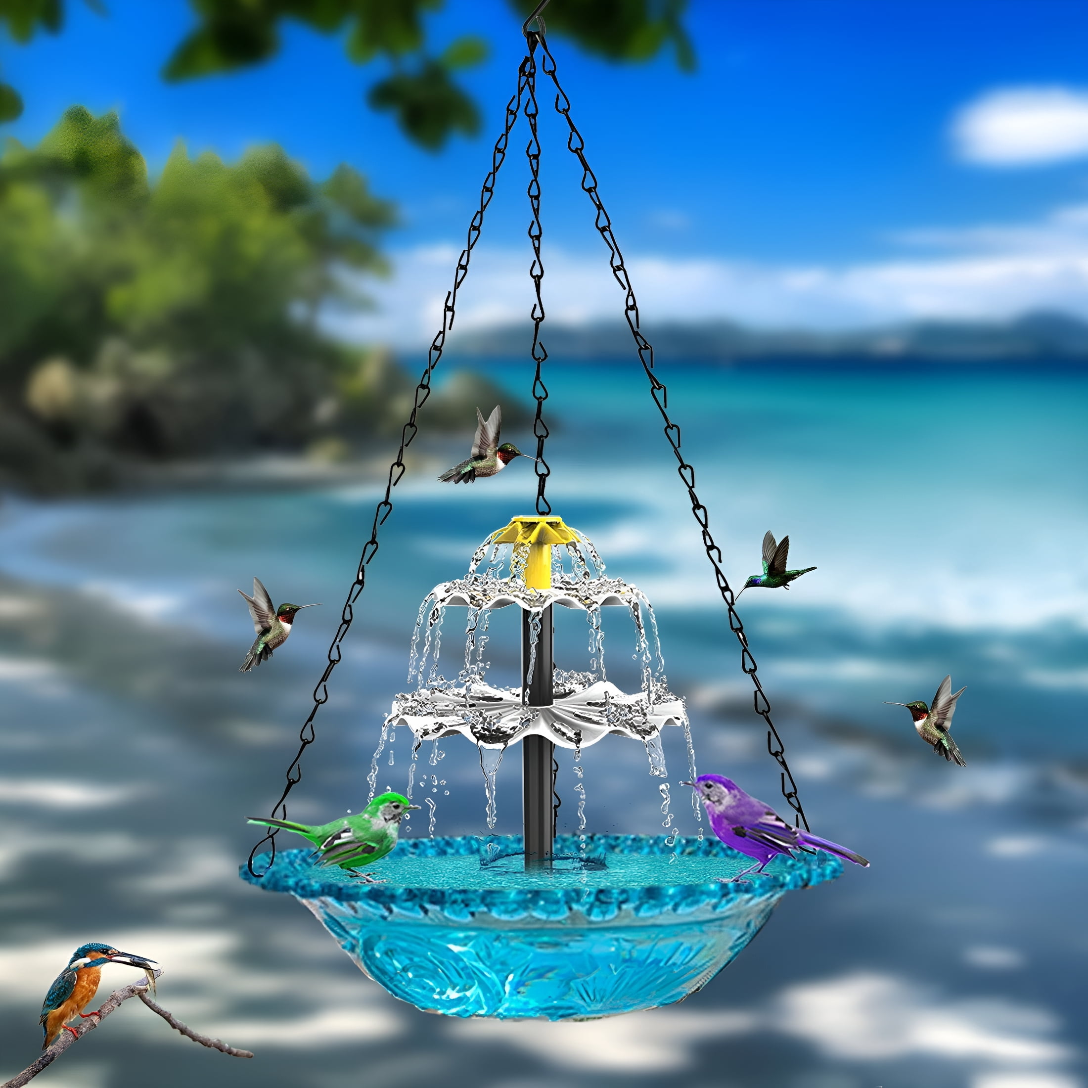 ACDANC Solar Cascade Hanging Bird Bath Fountain, Outdoor Hanging Bird Bath with Solar Pump Glass Bowl, Large Humming Birds Bath for Outdoor Garden Yard Patio Decoration, Blue