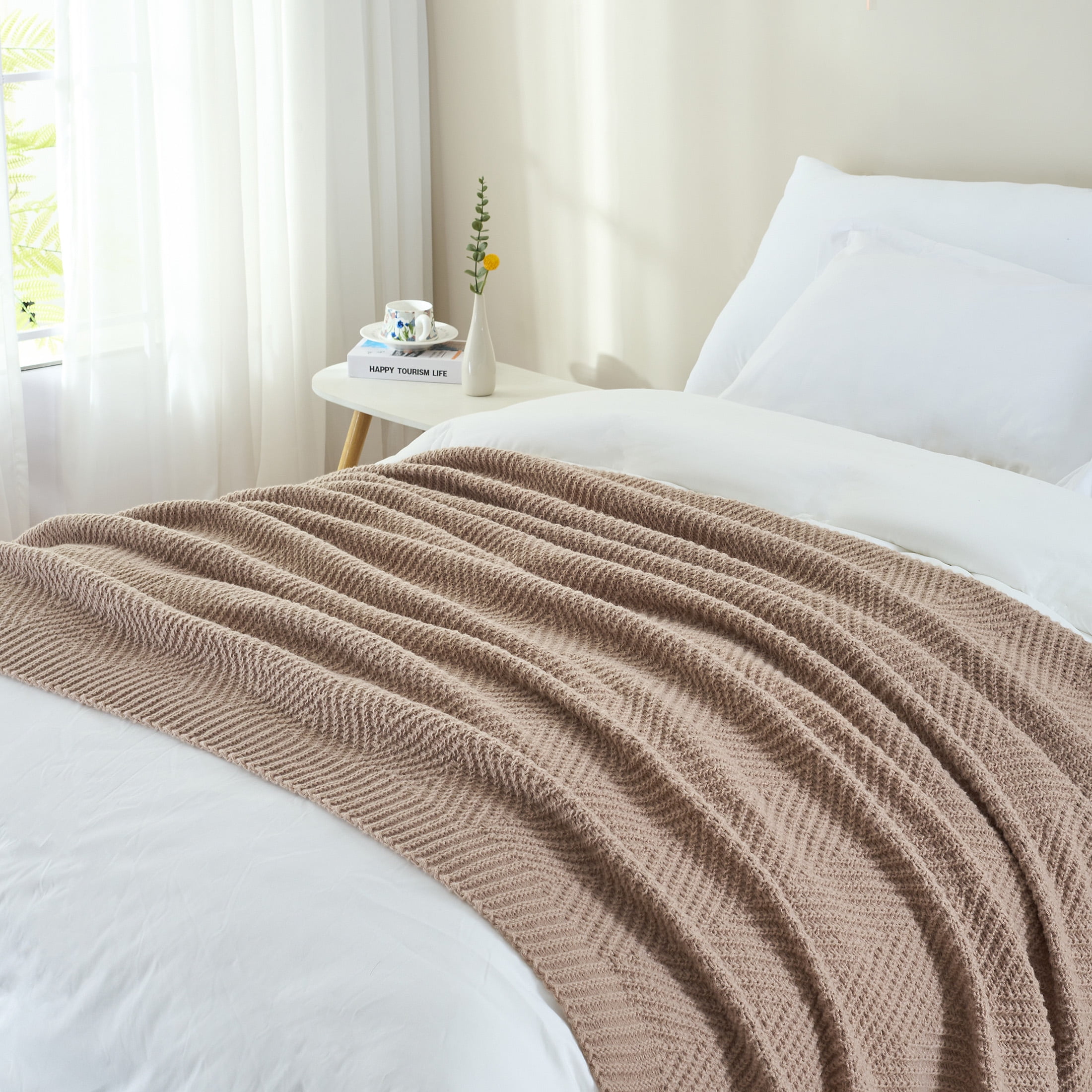 LONG CREATE Soft Knitted Throw Blanket 50" x 60" Taupe, Boho Chevron Farmhouse Throw for Bed Couch