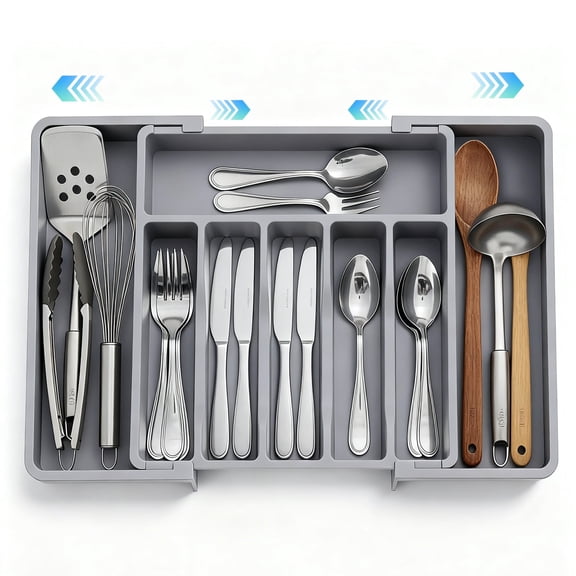Rinima Large Silverware Drawer Organizer for Kitchen,  Expandable Utensil Tray for Spoons Forks Knives Tools, 6-8 Slots