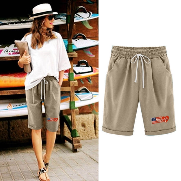 Puntoco Pantalones Cortos De Verano Mujer Moda 2024 Pantalones Cortos De Mujer Algodón Y Lino Estampado De Moda Cintura Elástica Pantalones De 5 Pulgadas Cordón Pantalones Cortos De 5 Pulgadas