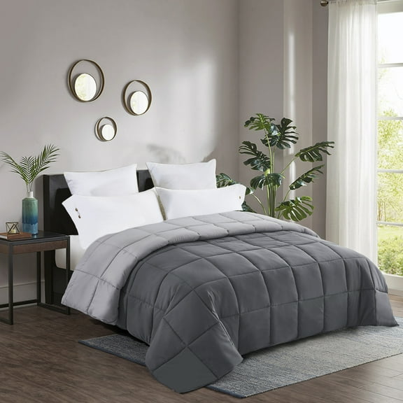 EleganHome Down Alternative QUEEN Comforter -All Season Reversible Comforter - Quilted Duvet Insert with Corner Tabs - Box Stitched - Hypoallergenic, Soft, Fluffy (Dark Gray/Light Gray)
