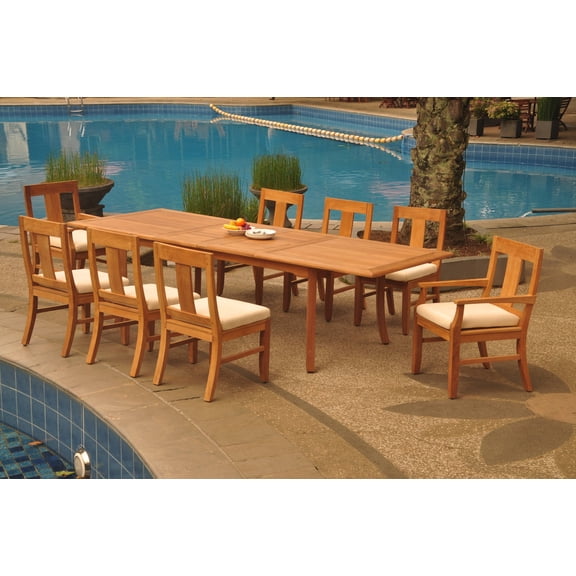 Grade-A Teak Dining Set: 8 Seater 9 Pc: 118" Double Extension Rectangle Table And 8 Osborne Chairs (2 Arm & 6 Armless Chairs) WholesaleTeak #WMDSWVm
