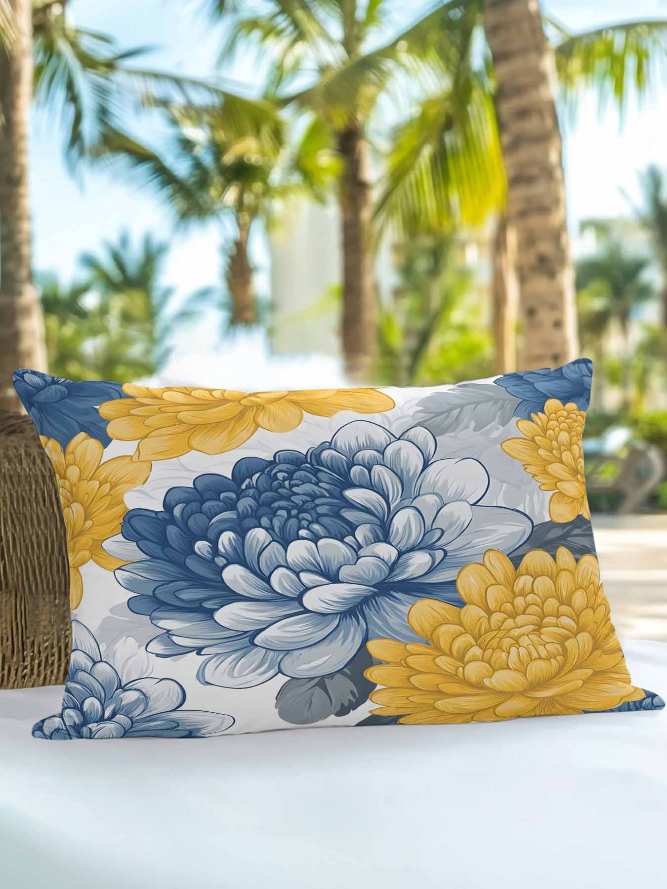 Outdoor Pillows Waterproof, Blue Yellow Spring Floral Bedding Throw Pillows with Insert for Couch Sofa Bed, Summer Botanical Elegant 12x20 Inch Pillowcases Decorative Camping Patio Pillow Set of 1