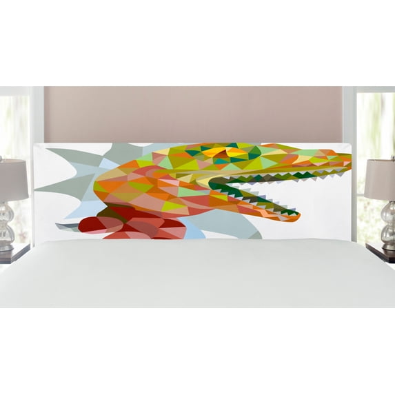 Reptile Headboard, Colorful Mosaic Wild Trex Illustration Opens Mouth Jurassic Pixel Dinosaur Mascot, Upholstered Decorative Metal Bed Headboard with Memory Foam, King Size, Multicolor, by Ambesonne
