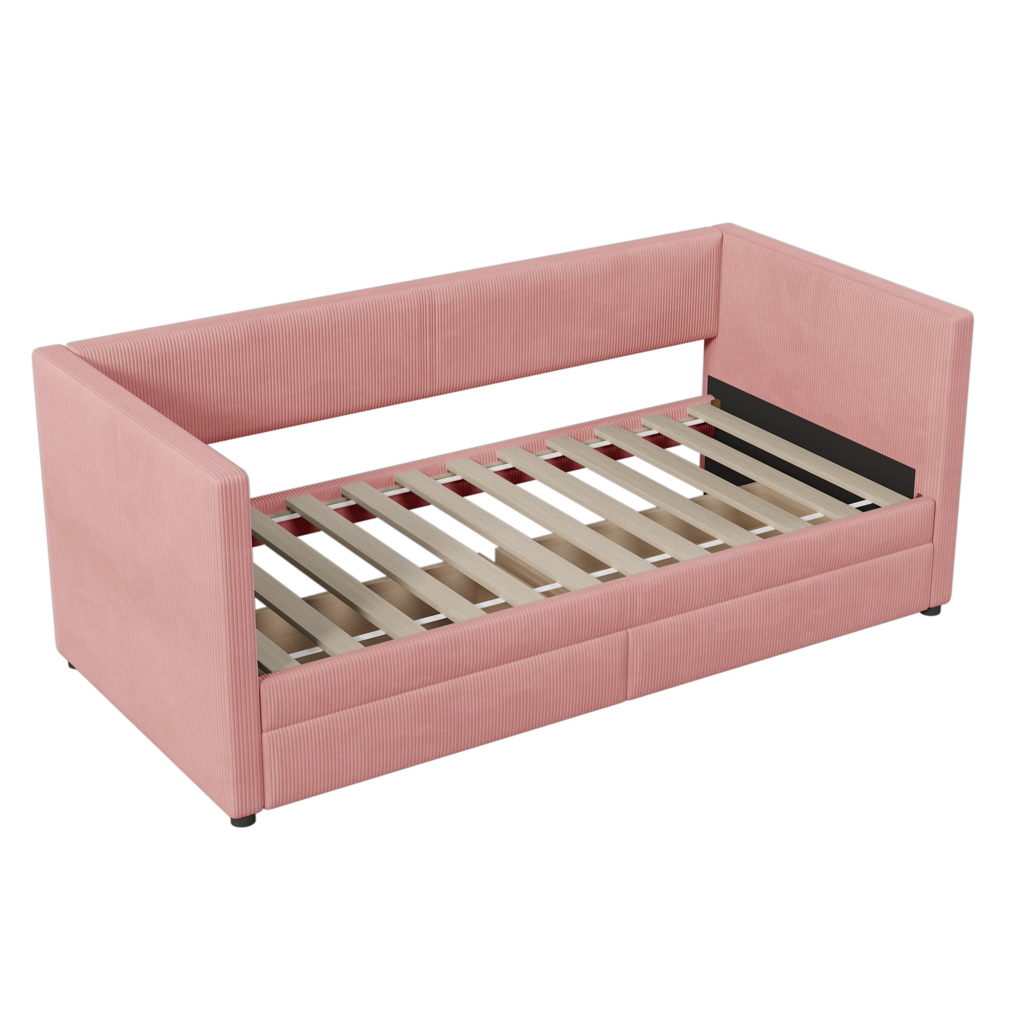 Modern Twin Size Upholstered Daybed with 2 Storage Drawers, Corduroy Fabric Daybed Sofa Bed Frame with Armrests and Wood Slat Support for Bedroom Living Room,Pink