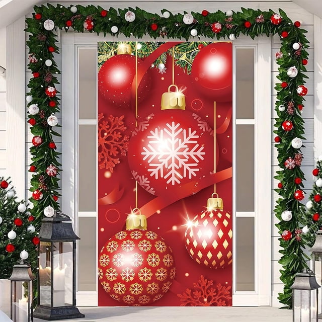 Uuiauoio Merry Christmas Door Cover Design Banner Backdrop Front Door Porch Photography Background Winter Xmas New Year Decoration 71x35 Inch,Festival Party Decoration