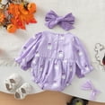 thumbnail image 5 of KPOPLK Newborn Baby Girl Fall Outfit Letter Print Long Sleeve Jumpsuit Bubble Romper Infant Clothing Set with Headband(6-9 Months,Purple), 5 of 9