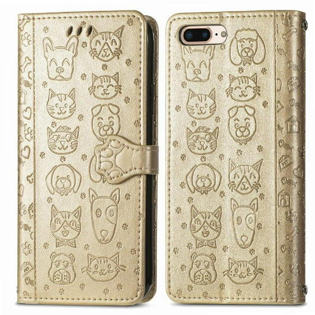 Funda Cartera FOXDOCK para iPhone 8 Plus/7 Plus , Flip PU con Relieve de Gatos y Perros, Tarjetero y Soporte