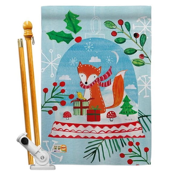 Breeze Decor BD-XM-HS-114203-IP-BO-D-US18-WA 28 x 40 in. Snow Globe Fox Winter Christmas Impressions Decorative Vertical Double Sided House Flag Set & Pole Bracket Hardware