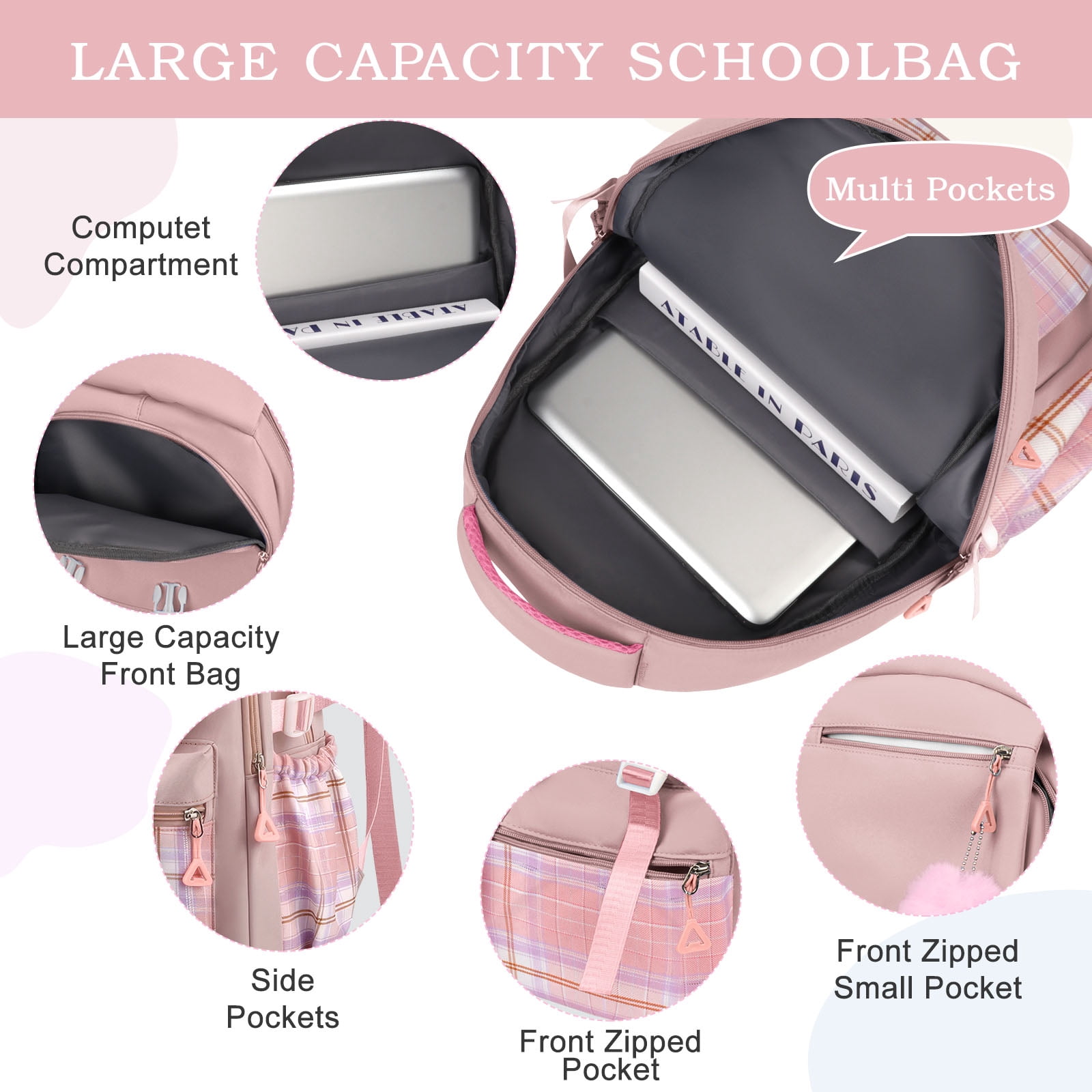 DAKIMOE Pink School Backpack for School, Travel, Work, Large Capacity Waterproof Bookbag with 7 Compartments and Luggage Belt