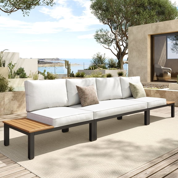 SUMMIT LIVING 3-Piece Outdoor Patio Furniture Set with Modular Sofa, Outdoor Patio Sectional Set with Wood Coffee Table and Built-in Side Table for Balcony & Couch
