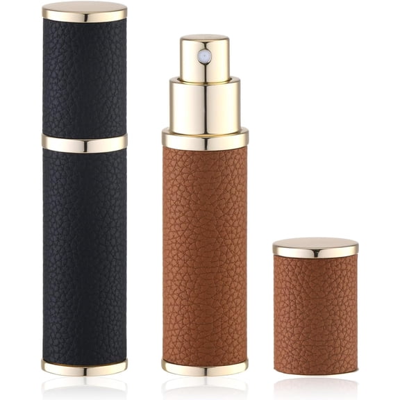 Travel Perfume Bottle Refillable - Mini Portable Cologne Atomizer Sprayer - Empty Travel Size Fragrance Pump Dispenser Container for Man - 10ml Black Brown 2PCS Small Leather Refill Sample