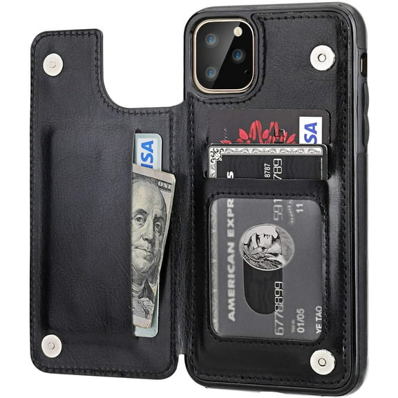 iPhone 11 Pro Max Wallet Case with Card Holder,REQO PU Leather Kickstand Card Slots Case,Double Magnetic Clasp and Durable Shockproof Cover for iPhone 11 Pro Max 6.5 Inch(Black)