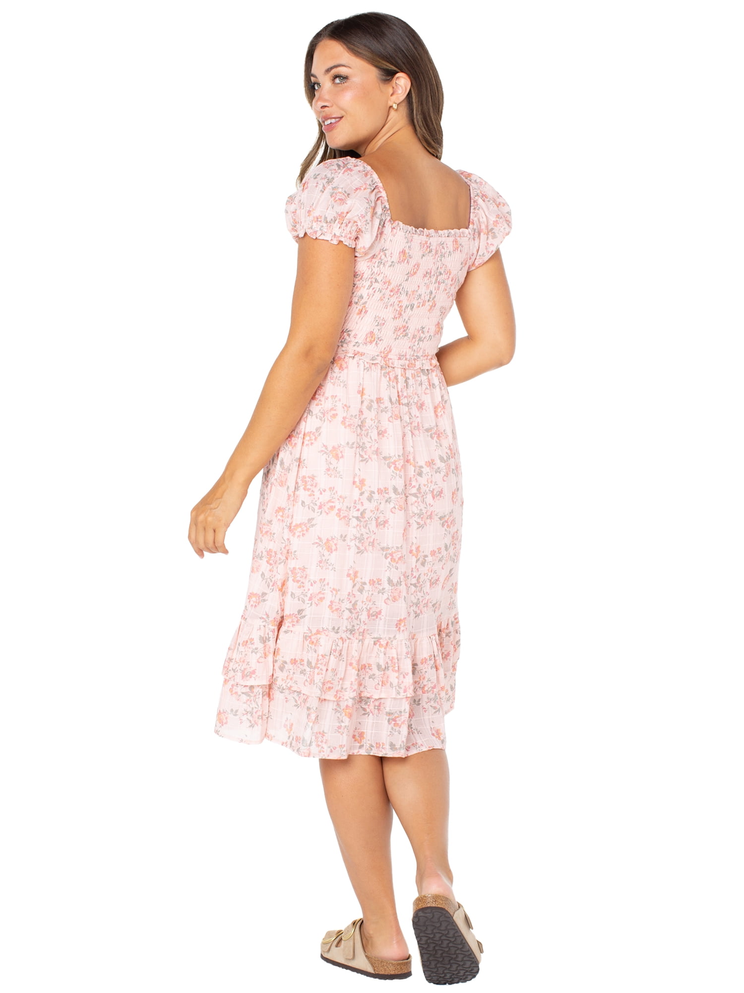 Celebrity Pink Puff Sleeve Midi Dress with Ruffle Details, Women's and Women's Plus