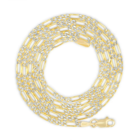 Nuragold 10k Real Yellow Gold Solid Figaro Link 2.5mm Diamond Cut Pave Chain Necklace (16"-24") Two Tone Italian Jewelry for Men & Women