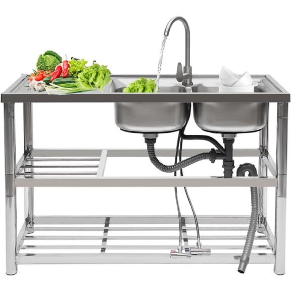 Miumaeov Large Double Bowl Kitchen Sinks, Stainless Steel Utility Sink with 2-Tier Shelves, Indoor/Outdoor Sink for Garage, Farmhouse