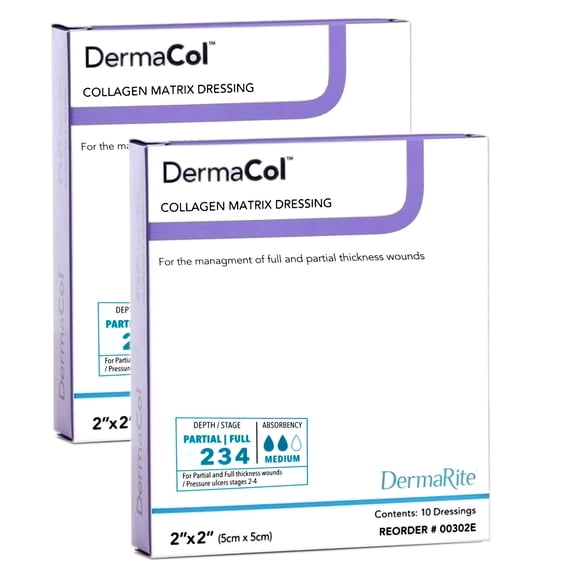 DermaRite's DermaCol Collagen Matrix Dressing for Full and Thickness Wounds, 2x2, 10 Count - 2 Pack