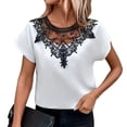 thumbnail image 1 of Camiseta de Mujer Cuello Redondo Manga Corta Encaje Dobladillo Suelto Blusa Informal para Oficina al Aire Libre Blanco XL, 1 of 6
