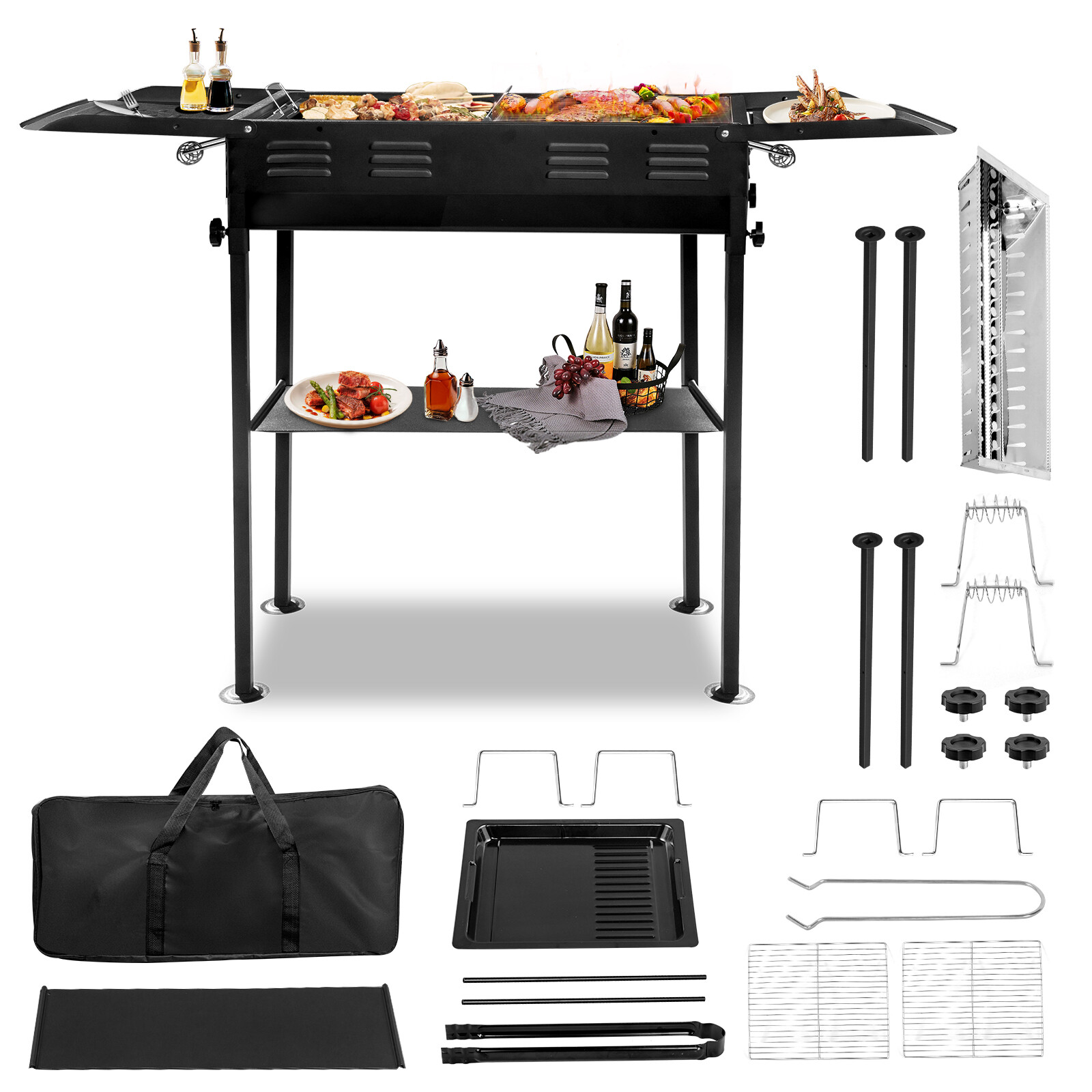 Portable Outdoor Charcoal Grill Foldable Kabob Barbecue Grill w/ Storage Holder