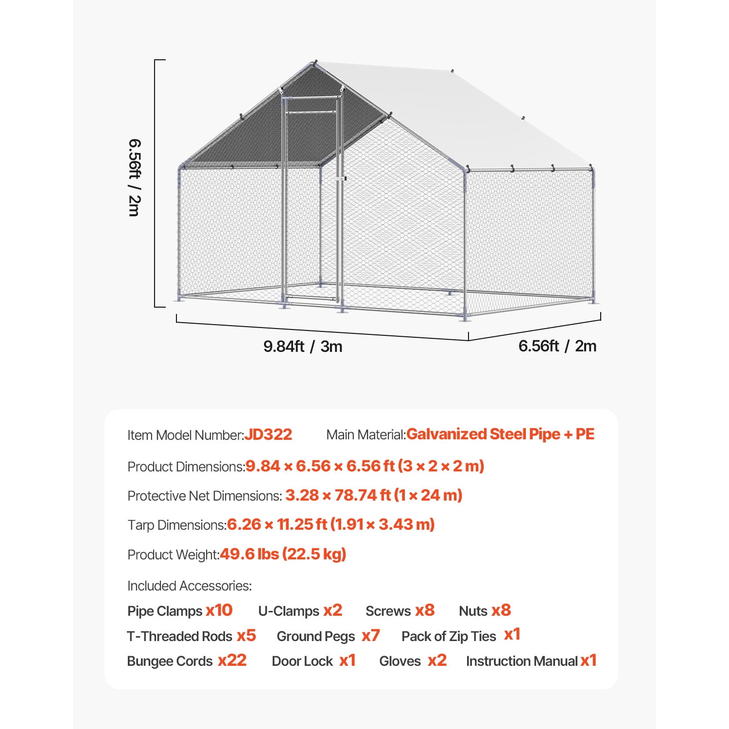 Metal Chicken Coop, Walk-in Chicken Run with Cover Spire Roof 9.8x6.5x6.5ft