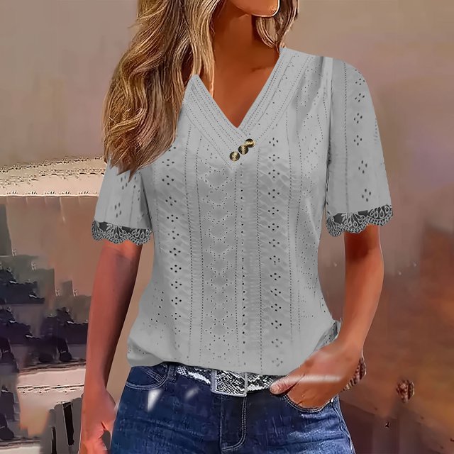 AOOCHASLIY T-Shirt d'Été Plissé à Manches Courtes pour Femmes avec Boutons, Col en V, Couleur Unie, Mignon