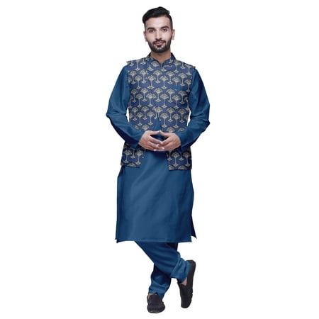 

Atasi Indian Long Kurta Men Solid Kurta Pajama With Printed Nehru Jacket Set