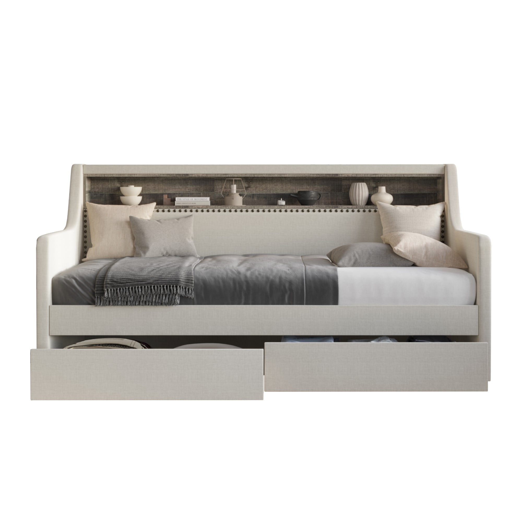 Home Design Brianna Twin Daybed with Upholstered Frame, Nailhead Trim, Built-In Storage with Two Drawers, Stylish Seating and Sleeping Solution, Warm Gray