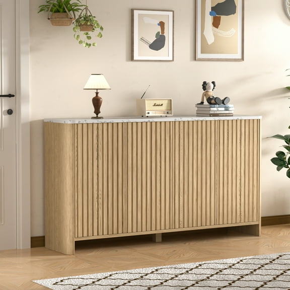 VEIKOUS 32" Fluted Sideboard Cabinet, 4-Door Buffet Storage Cabinet W/ Adjustable Shelves for Kitchen, Living Room and Entryway, NaturalL