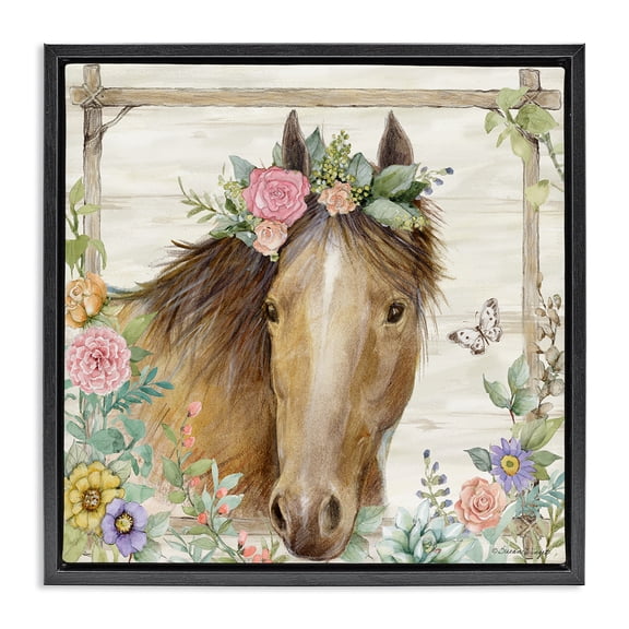 Stupell Industries The Look Horse with Flowers Animals Painting Black Floater Framed Canvas Art Print Wall Art, 18 x 18