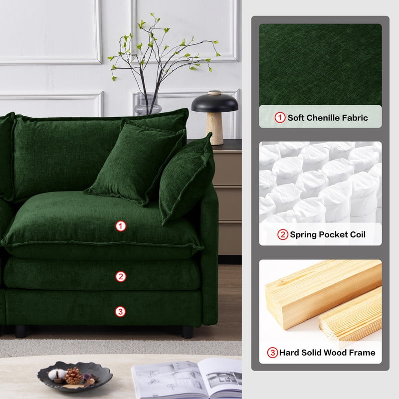 105" Modular Sectional Couch, 3-Seater Soft Chenille L-Shaped Sofa with Ottoman, Upholstery Sofa Couch with Pocket Coil & High-Density Foam for Living Room