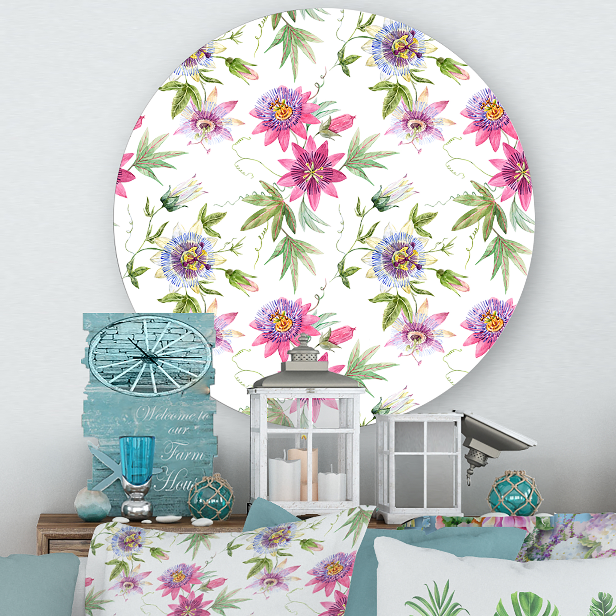 Designart 'Pink Passionflower Flowers and Petals' Traditional Circle Metal Wall Art 23x23 - Disc of 23