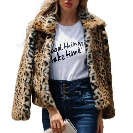 Women's Faux Fur Leopard Winter Coat Outerwear Long Sleeves Print Jacket Sexy Lapel
