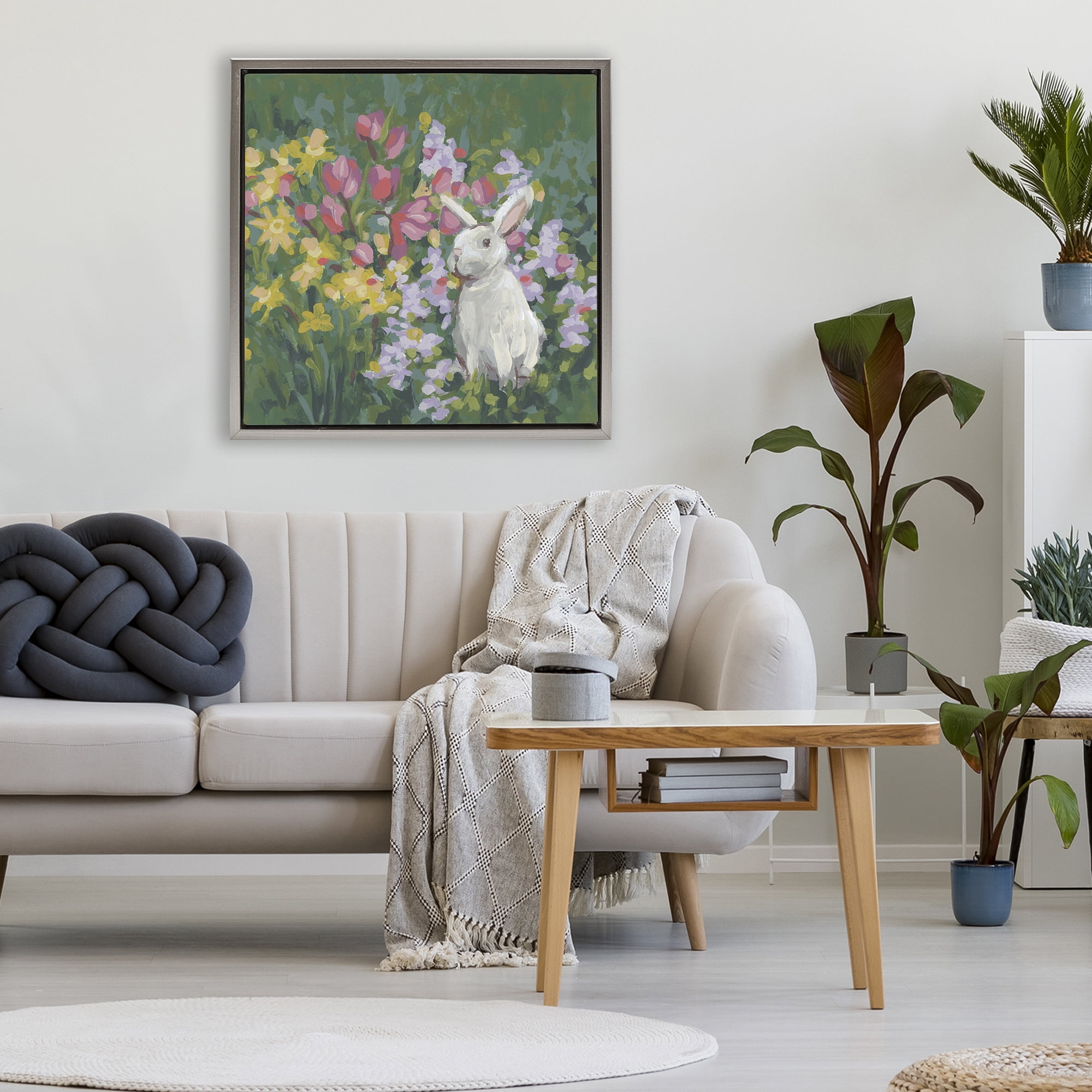 Stupell Industries Botanical Bliss Bunny Gray Framed Floater Canvas Wall Art, design by June Erica Vess