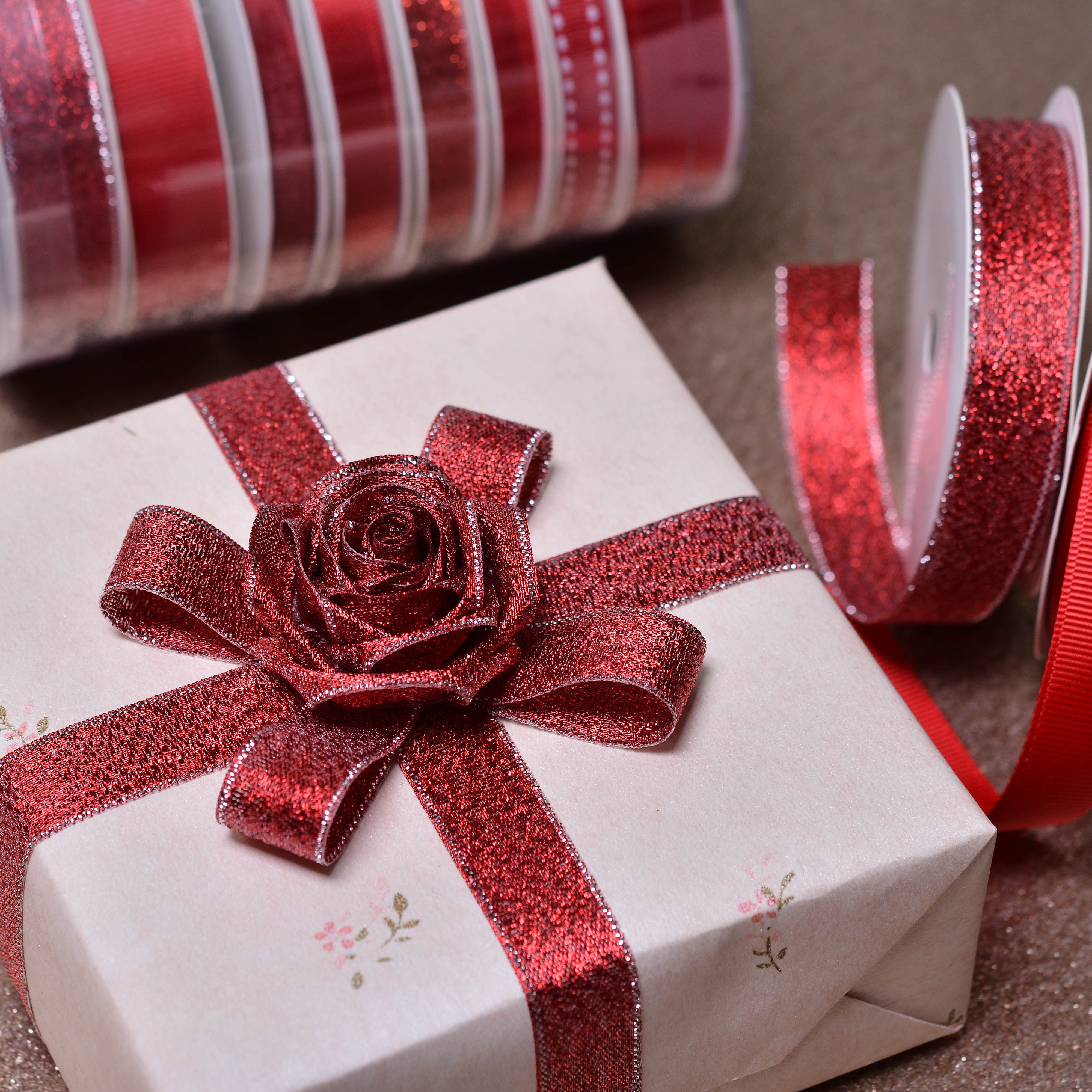 Red Satin Ribbon Tower, Set of 8 Unique Ribbons, 96 feet, Yama Ribbon