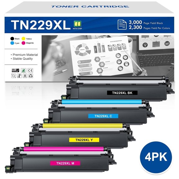 TN229XL Toner Cartridge with Chip Compatible for Brother TN-229XL TN-229 TN229 Work for HL-L3280CDW HL-L3220CDW MFC-L3720CDW MFC-L3780CDW HL-L3300CDW Printer (High Yield, BK/C/M/Y)