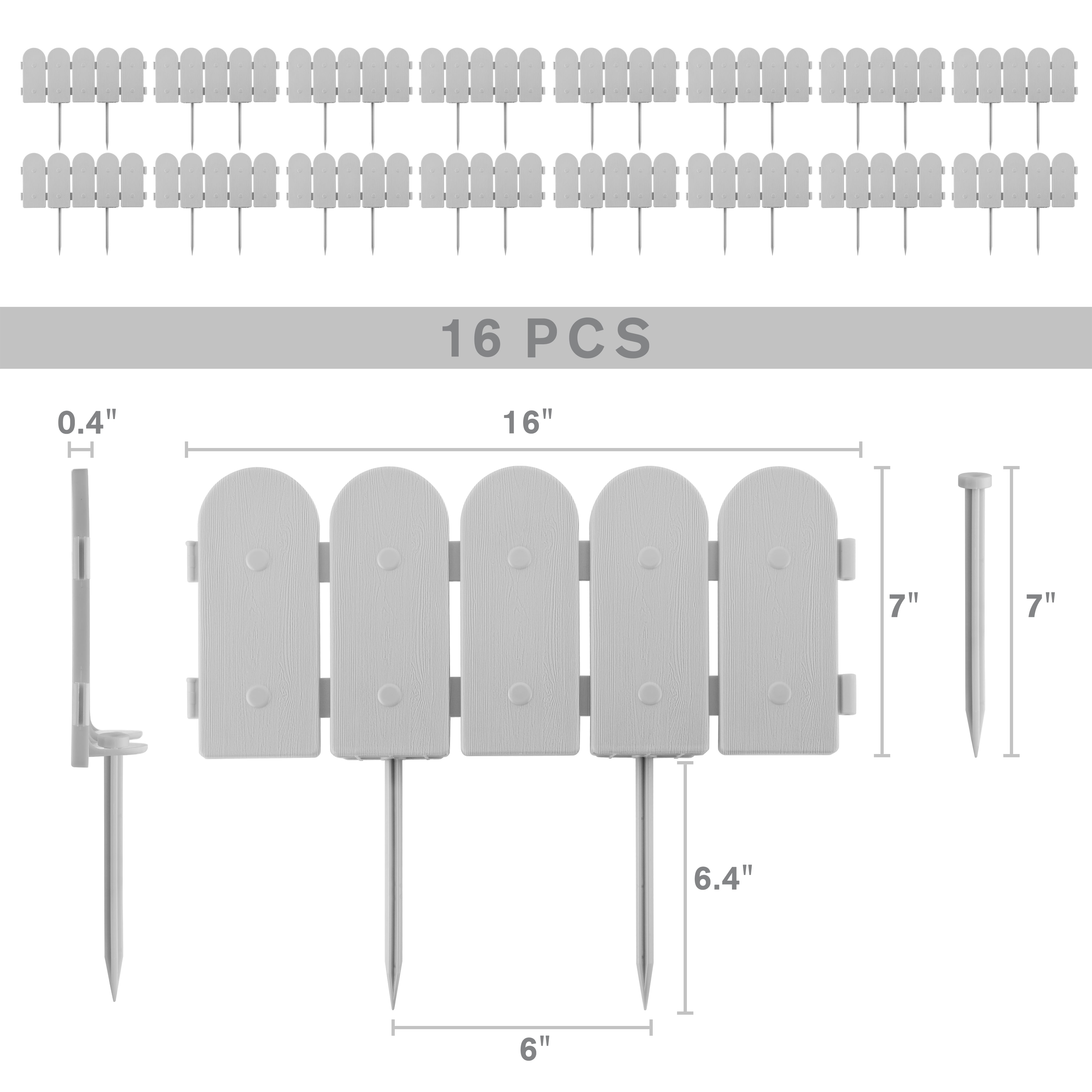 Evelyne Garden Border Edging: Wooden Fence Design - 16pcs Gray Yard Landscaping Fence Liner Lawn Edge Barrier - 20ft Kit of Decorative Lawn Landscape Panels Elements - GMT-10374-E08