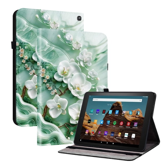 For Fire HD 10/Fire HD 10 Plus (10.1", 11th/13th Gen) Folio Case with Stand/Card Slots/Elastic Band Closure/Pen Loop Holder, Stylish Cute Cartoon PU Leather Protective Slim Flip Cover, Magnolia