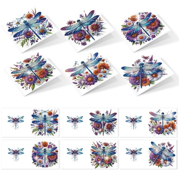 6pcs Diamond Painting Kit Greeting Card, Dragonfly 5D DIY Diamond Handmade Holiday Greeting Card with Envelope, Christmas Gift Congratulation
