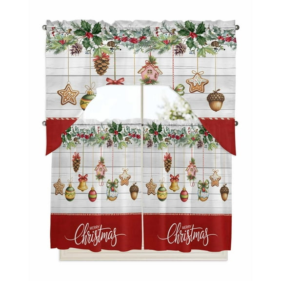 Christmas Balls Kitchen Curtains Swag Valance and Tier Curtains Set 36 Inch Length, Xmas Botanical Berry Star Vintage Rod Pocket Drape Panels Pair Swag Curtains for Bathroom/Cafe/Window