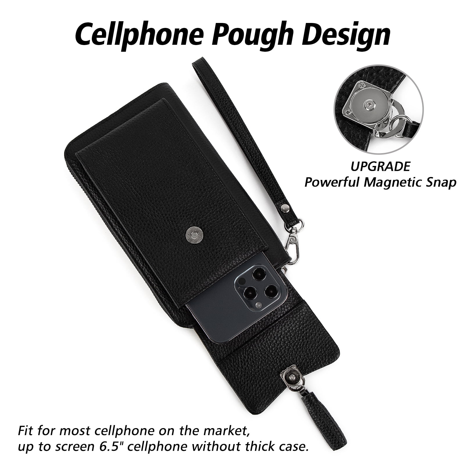Pearl Angeli Women's Leather Mobile Phone Crossbody Cell Phone Bag RFID (Black)