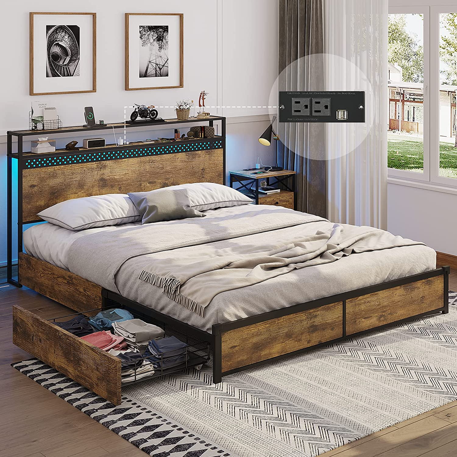 Metal Platform Bed Frame with 2Tier Storage Headboard & LED Lights