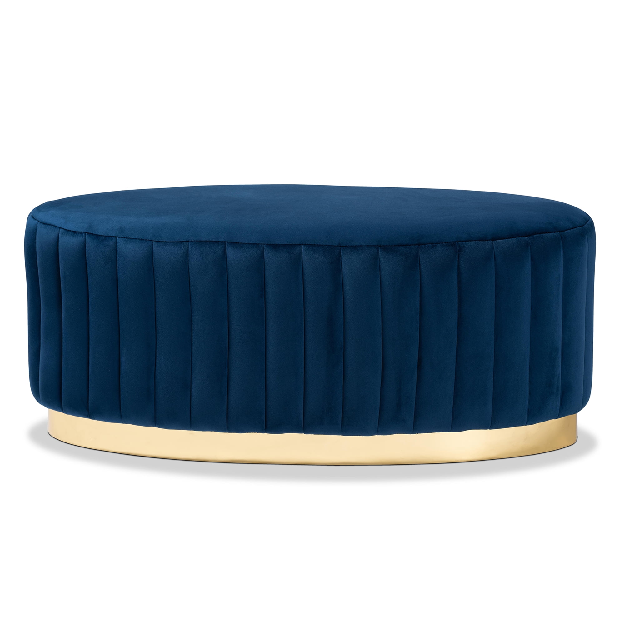Baxton Studio Kirana Glam and Luxe Navy Blue Velvet Fabric Upholstered and Gold PU Leather Ottoman