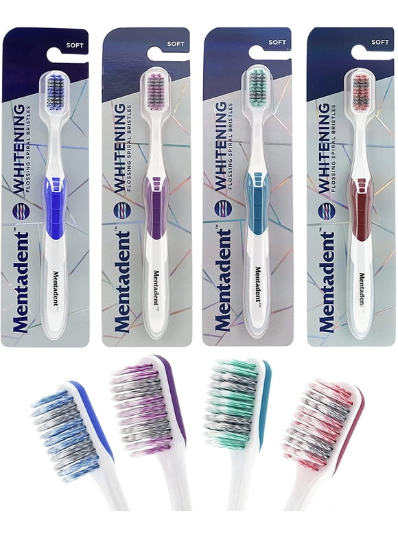 Mentadent Toothbrush for Kids & Adults, Teeth Whitening, Soft Bristles - 4 Pack