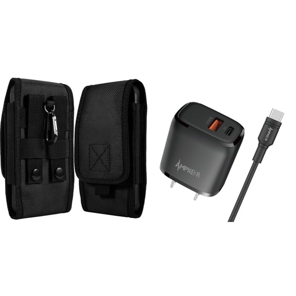 Holster and Power Adapter Bundle for Nokia C100: Vertical Rugged Nylon Belt Pouch Case (Black) and 38W Dual USB Port (Type-C PD / USB-A) Wall Charger