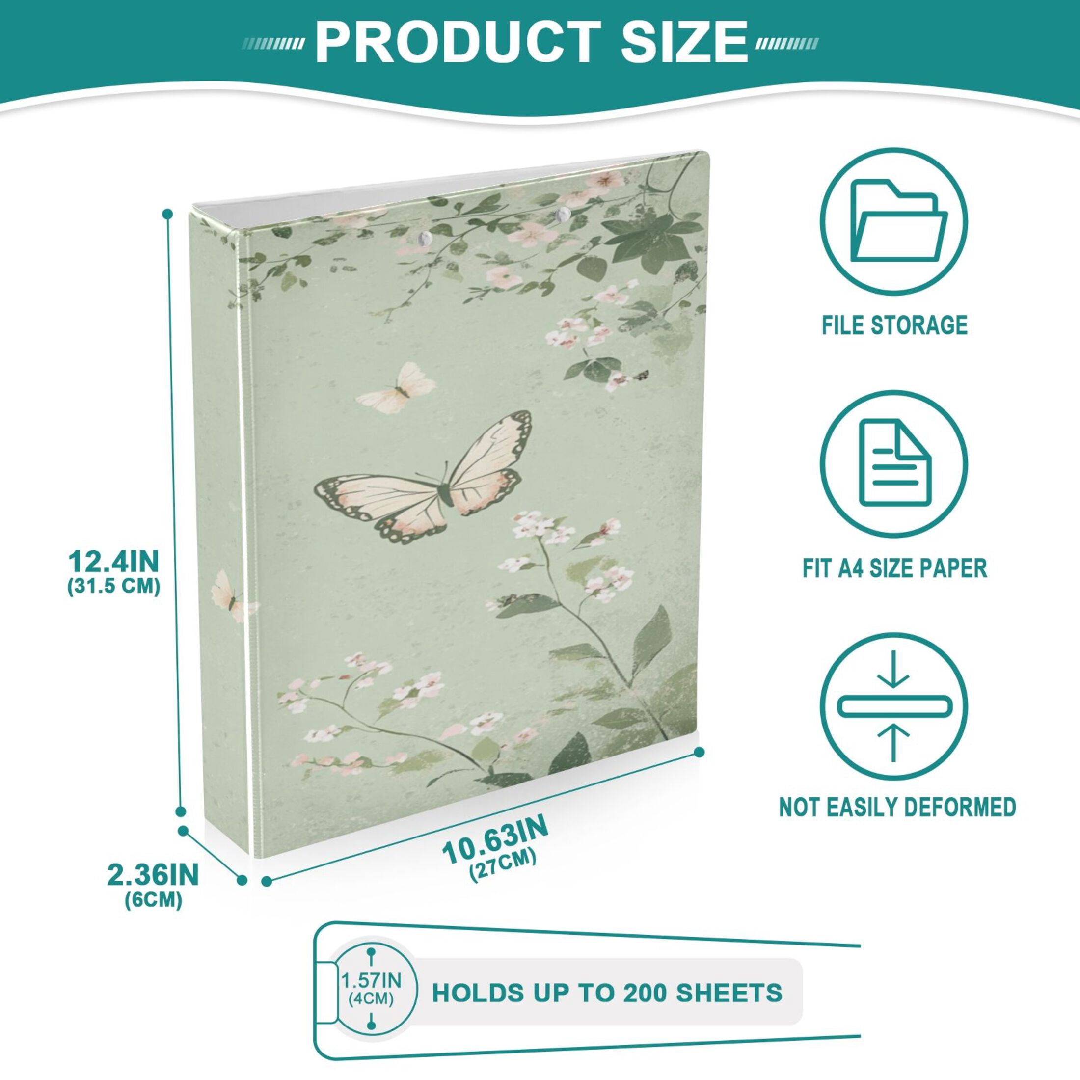 WOBOGO Butterfly Print with Pastel Flowers File Folders Extra Large Capacity to Hold 200 Sheets of Documents Hard Shell Ring Binder for School Home Office
