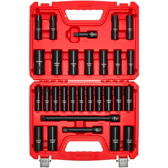 VEVOR 1/2 in Drive Impact Socket Set, 29 Piece, 6 Point Deep Impact Sockets, SAE (3/8 to 1 inch) and Metric (10 to 24 mm) Sizes with Extension Bars (3, 5, 10 in), Cr-V Steel
